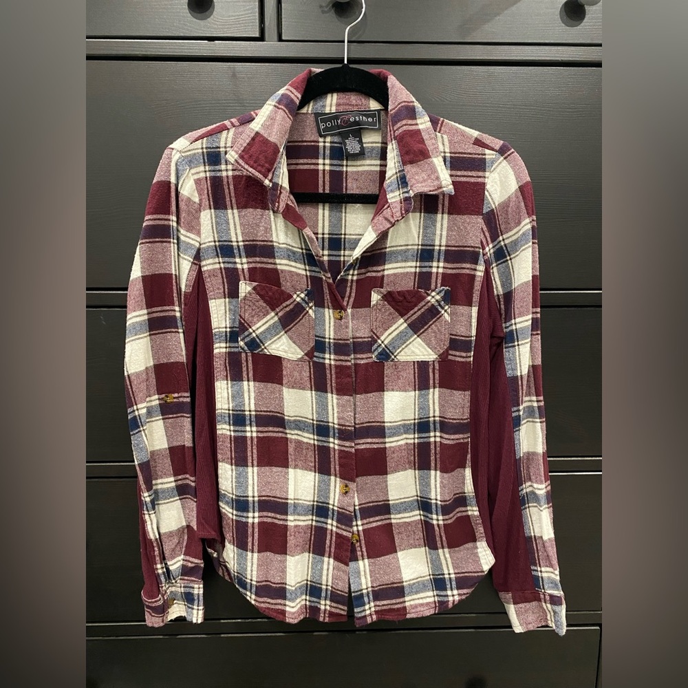 Maroon, navy and white flannel. Size large.